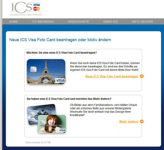 Den Wechsel des Motivs bei der ICS VISA Foto Card lässt sich International Card Services jeweils mit 9,75 EUR bezahlen (Screenshot www.icscards.de/content/FotoCard/ am 27.10.2014)