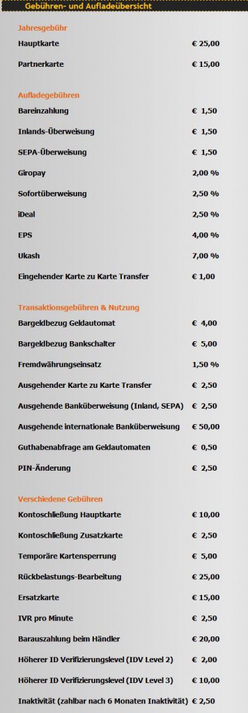 Lange Liste an Gebühren: Auch wenn sich die KING MasterCard gern als günstig präsentieren möchte, ist die Liste der Gebühren doch ziemlich lang und die Bepreisung einzelner Leistungen scheint uns eher königlich als günstig (Screenshot www.kingmastercard.de/de/preise.html am 10.11.2014)